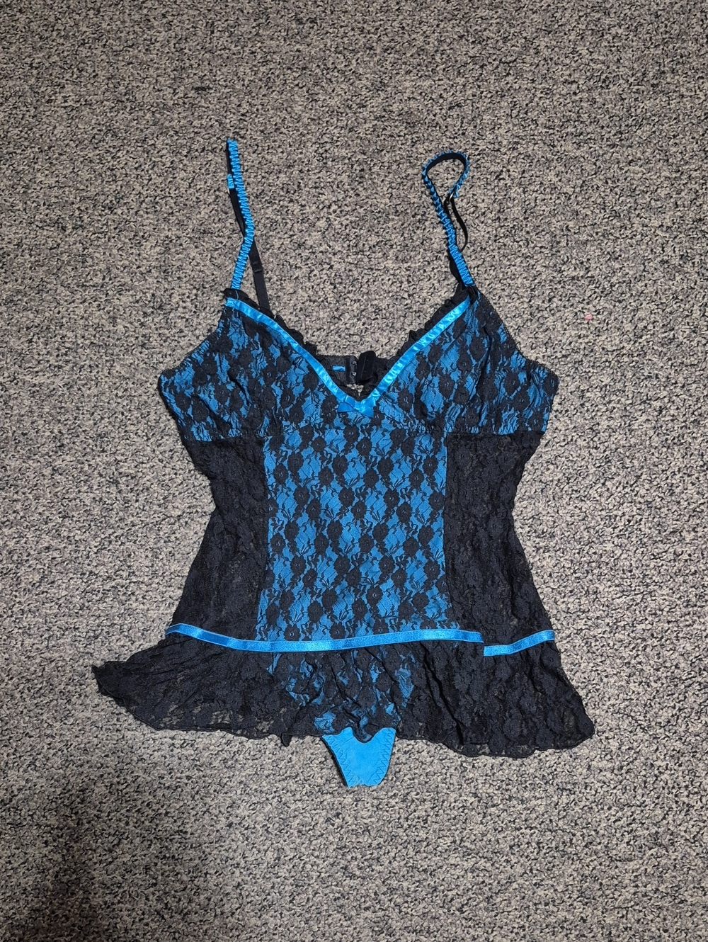 NWOT Blue and Black Lace Trim Chemise with Built In Thong